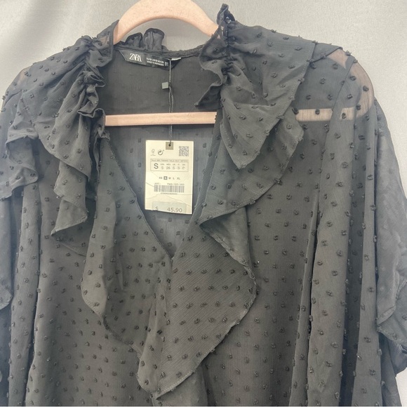 NWT Zara Swiss Dot Ruffle Long Sleeve Sheer Black Top Size Small - Picture 3 of 10